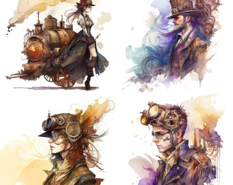 Ensemble de 4 aquarelle Steampunk PNG clipart fichiers Steam punk Sublimation imprimable Victorian Fantasy fichiers pour le scrapbooking v1