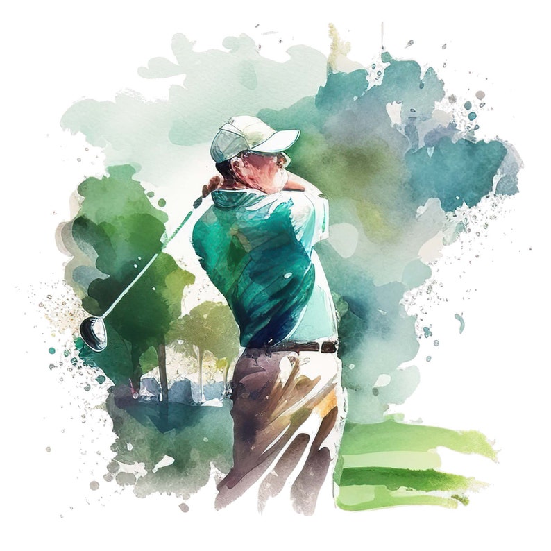 May include: A watercolor painting of a golfer swinging a club. The golfer is wearing a white hat and a green shirt. The background is a green and blue watercolor wash.