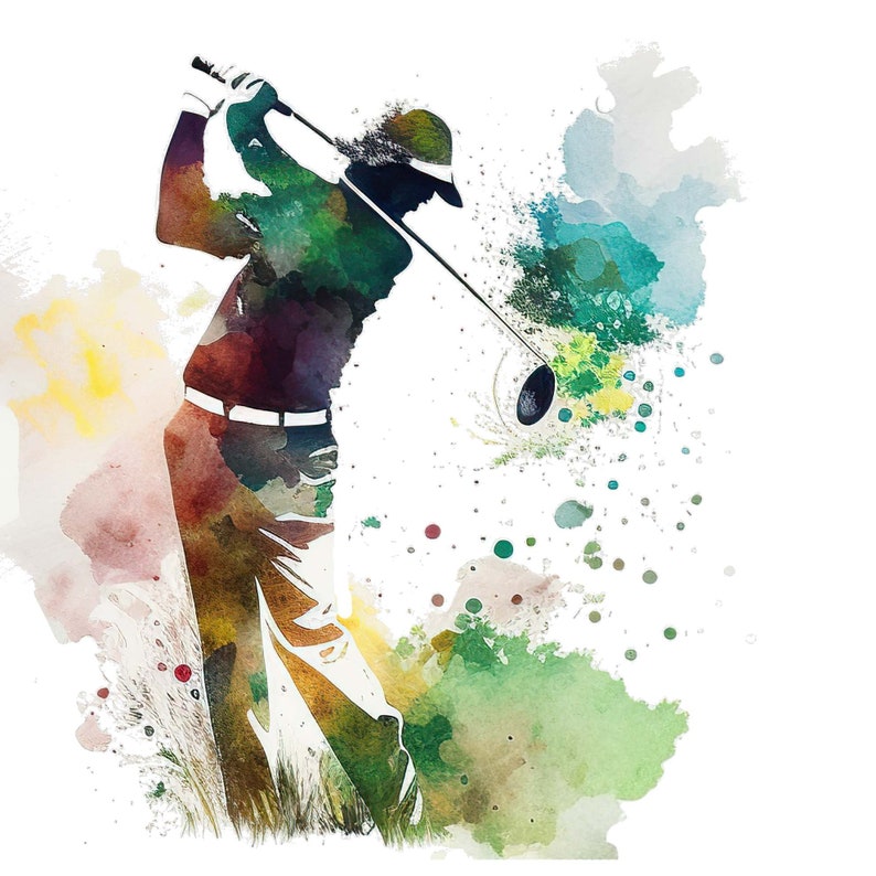 May include: A watercolor painting of a golfer swinging a club. The golfer is silhouetted in shades of green, brown, and red. The background is a colorful watercolor wash of green, blue, and yellow.