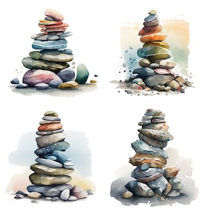 May include: Four watercolour paintings of stacked stones. Each stack is a different height and arrangement. The stones are various shades of grey, brown, and blue. The background is a light wash of watercolour.