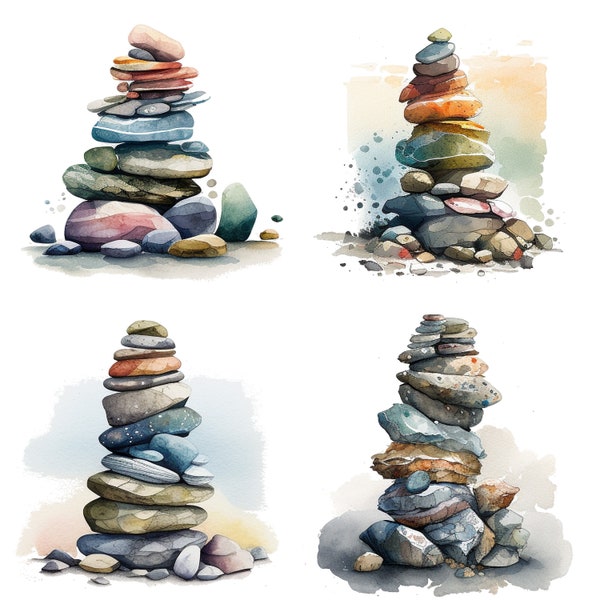 Set of 4 stacked stones cairns clipart PNG digital download files sublimation waypoint wall art prints mugs t-shirts and hiking gift decor
