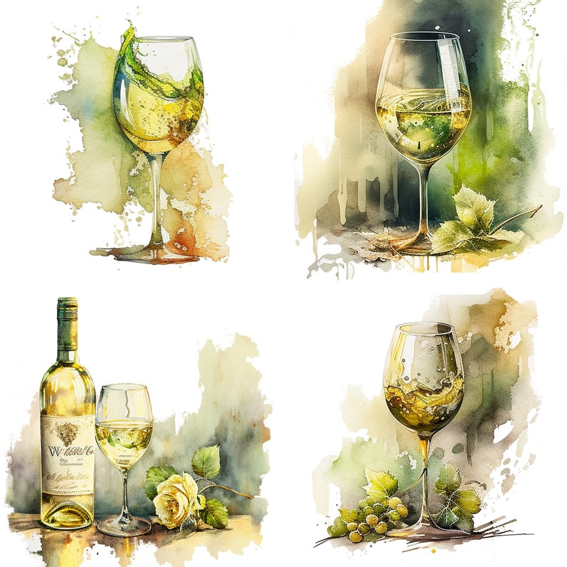 Peut inclure: Quatre aquarelles de vin blanc. La premi&egrave;re peinture montre un verre de vin blanc avec une &eacute;claboussure de liquide. La deuxi&egrave;me peinture montre un verre de vin blanc avec une feuille verte. La troisi&egrave;me peinture montre une bouteille de vin blanc et un verre de vin blanc avec une rose jaune. La quatri&egrave;me peinture montre un verre de vin blanc avec des raisins verts.