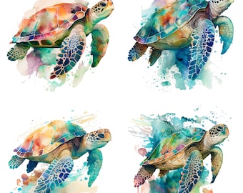 Akvarell havssköldpadda Clipart Set med 4 digital nedladdning havssköldpadda PNG för sublimering för muggar, tröjor och väggdekorationer set 2
