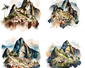 Set of 4 watercolor Machu Picchu clipart PNG digital download files for sublimation Inca Peru wall art prints mugs t-shirts and gift decor 1