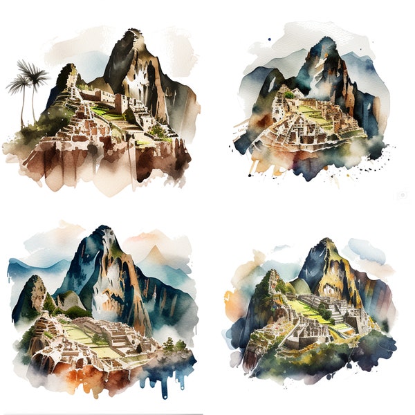 Ensemble de 4 aquarelle Machu Picchu clipart PNG fichiers de téléchargement numérique pour sublimation Inca Pérou wall art imprime tasses t-shirts et décor cadeau 1