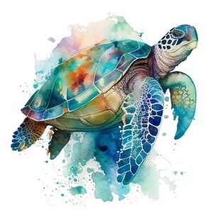 Peut inclure: Une peinture &agrave; l'aquarelle d'une tortue de mer avec une carapace bleue, verte et brune. La tortue nage dans un fond d'aquarelle bleu et vert.