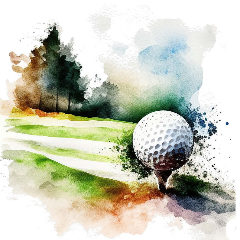 May include: A white golf ball on a tee, set against a watercolor background of a golf course with trees and a blue sky.