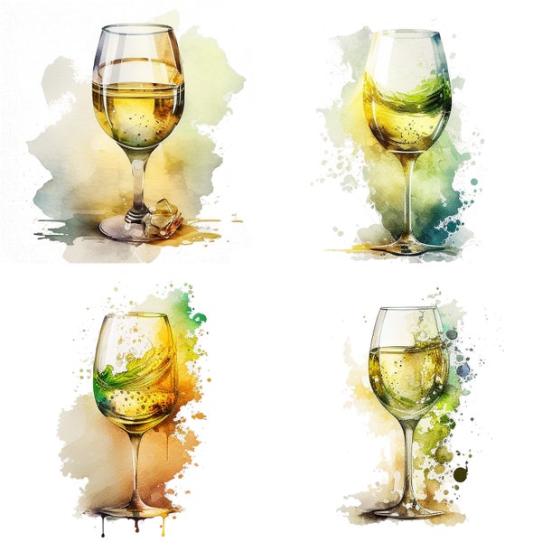 Watercolor White Wine  glass clipart Wine PNG files for wine tasting decor restaurant download pattern winery menu idea v1