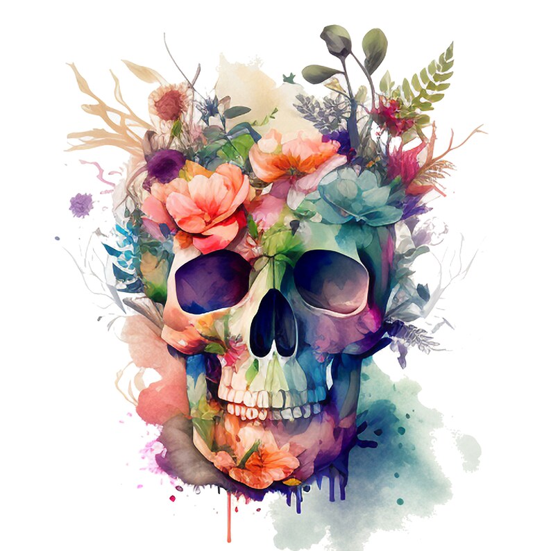Puede incluir: Una calavera de acuarela colorida con flores y hojas que la rodean. La calavera est&aacute; pintada en tonos de morado, azul y verde, y las flores est&aacute;n en tonos de rosa, naranja y amarillo. El fondo es una lavada de acuarela azul claro.