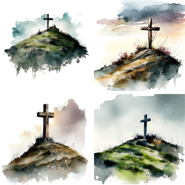 Watercolor Cross on a Hill Clipart Set of 4 Files for Digital Download PNG Stickers, Shirts, Prints, and POD Files - Christian Clipart