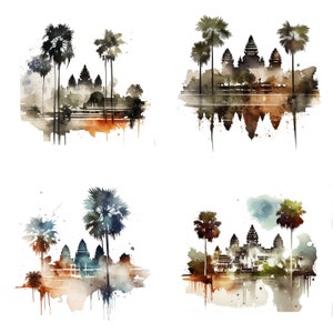 Angkor Wat Aquarell Clipart Druck Set von 4 PNG Dateien, Kambodscha Tempel Digital Download für POD, Tassen Magnete, T-Shirts Asia Aufkleber V1