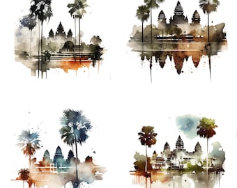 Angkor Wat Watercolor Clipart Print Set of 4 PNG Files, Cambodia Temple Digital Download for POD, Mugs Magnets, T-Shirts Asia Stickers V1