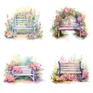 Floral Bench Clipart, 4 High Quality PNGs, Nursery Art, Instant Digital Download | Card Making, watercolor Clipart, Digital Paper Craft