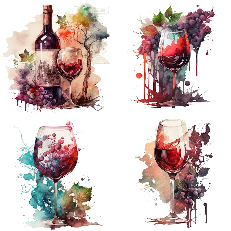 Watercolor Wine bottle and red wine glass clipart Wine PNG files wine tasting decor Bridal clipart, restaurant download pattern menu idea v2 image 1