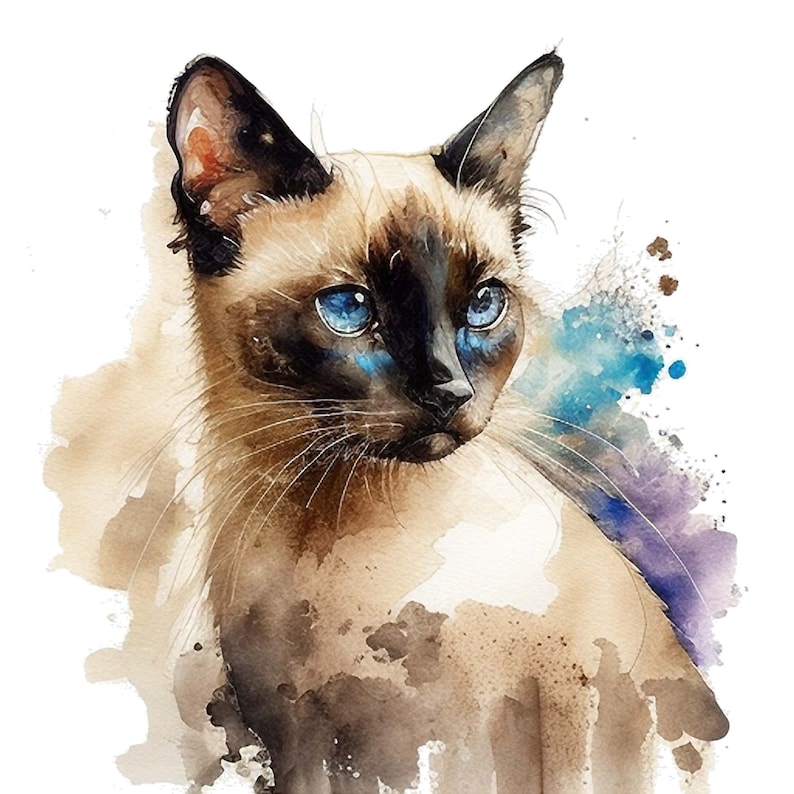Op de afbeelding: Een aquarel schilderij van een Siamese kat met blauwe ogen. De kat kijkt naar rechts in de afbeelding. De achtergrond is een zachte aquarel was van blauw, bruin en paars.