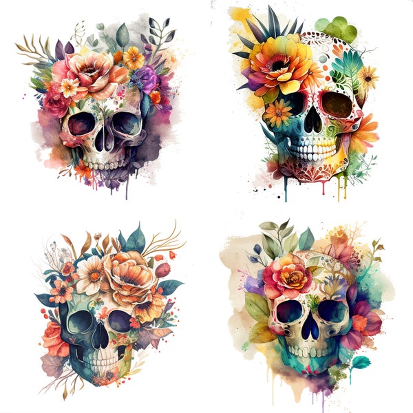 SugarSkull Clipart Aquarell Floral SugarSkull Bild Boho Schädel Kunst Schädel Tag der Toten Sublimation druckbare PNG digitaler Download Set -1