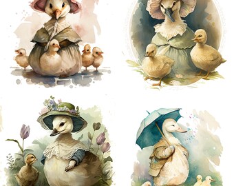 Aquarel moeder de gans met kuikens clipart set van 4 PNG-bestanden digitale download Vintage kinderliedje Decor pasgeboren baby shower cadeau idee