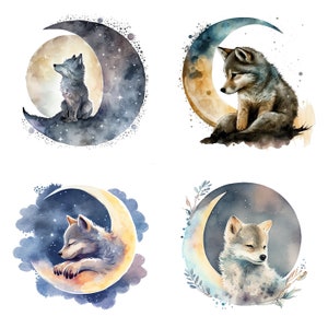 Láminas de lobo para guardería, decoración de guardería con luna creciente y bosque, descarga digital PNG, impresión por sublimación instantánea, clipart de decoración de guardería con lobo bebé