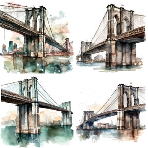 Puede incluir: Una pintura de acuarela de cuatro vistas diferentes del puente de Brooklyn. El puente está pintado en tonos de marrón, gris y blanco, con un fondo de acuarela azul y verde.