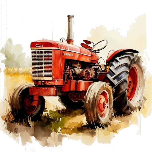 Set of 4 Farmall Tractor Watercolor Clipart Red Tractor Boys Nursery Décor Farm Tractor PNG Commercial Use Farming Vehicle Illustration V1