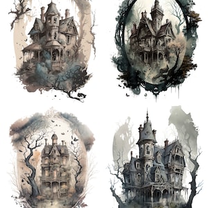 Haunted Mansion watercolor clipart Spooky Wall Art Gothic Halloween Haunted house image Print Goth Digital Download PNG Sublimation Set 1