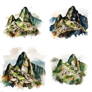 May include: Four watercolor paintings of Machu Picchu, an ancient Incan city in Peru. Each painting depicts the ruins from a different angle, showcasing the intricate stonework and the surrounding mountains. The paintings are rendered in shades of green, brown, and gray, with splashes of yellow and orange.