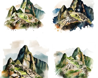 Set of 4 watercolor Machu Picchu clipart PNG digital download files for sublimation Inca Peru wall art prints mugs t-shirts and gift decor 2