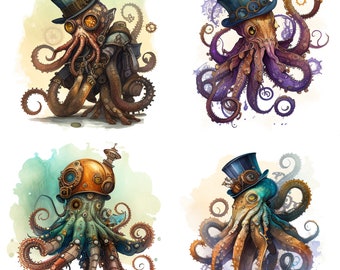 Aquarel Steampunk Octopus set van 4 png clipartbestanden Steampunk sublimatie afdrukbare Fantasy Octopus nautische scrapbooking & bekers v1