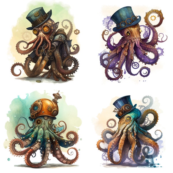 Watercolor Steampunk Octopus set of 4 png clipart files Steam punk Sublimation Printable Fantasy Octopus Nautical scrapbooking & tumblers v1