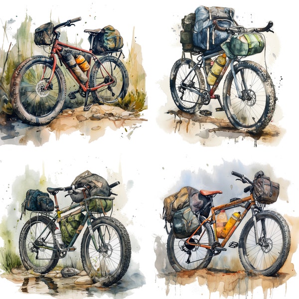 Watercolor mountain Bike packing Camping Clipart Set of 4 PNG Files Hiking Backpacking Art Digital Downloads Designs Stickers and Mugs