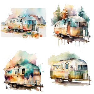 Watercolor Airstream campervan RV décor road trip camping art set of 4 clipart PNG files for sublimation