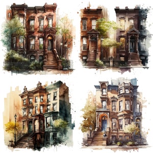 Watercolor New york clipart, brownstone clipart, New York Townhouse, building clipart, house clipart, USA clipart, NYC clipart V2