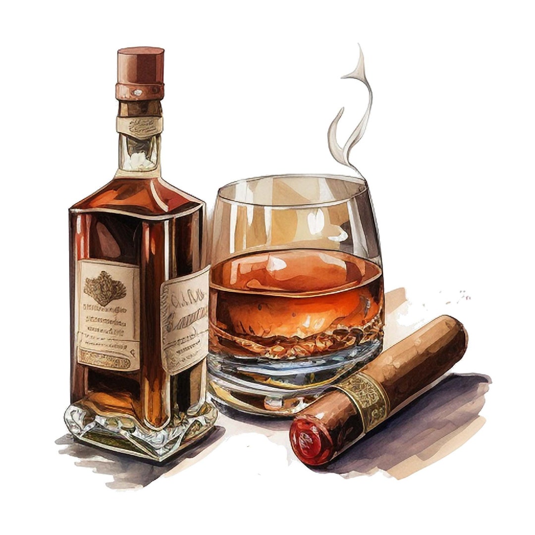 Watercolor Cigar and Bourbon Clipart, Set of 4 PNG Files Cigar Lounge