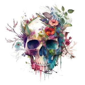 Puede incluir: Una pintura acuarela colorida de un cr&aacute;neo humano con flores que crecen de las cuencas de los ojos y la parte superior del cr&aacute;neo. El cr&aacute;neo est&aacute; pintado en tonos de azul, morado y verde, y las flores est&aacute;n en tonos de rosa, rojo y amarillo.