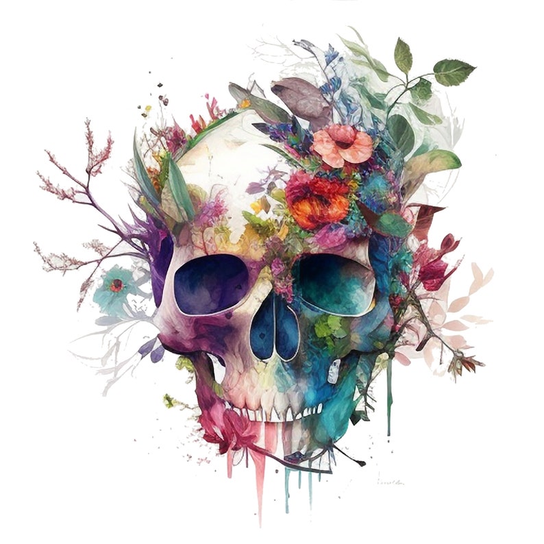 Puede incluir: Una pintura acuarela colorida de un cr&aacute;neo humano con flores que crecen de las cuencas de los ojos y la parte superior del cr&aacute;neo. El cr&aacute;neo est&aacute; pintado en tonos de azul, morado y verde, y las flores est&aacute;n en tonos de rosa, rojo y amarillo.