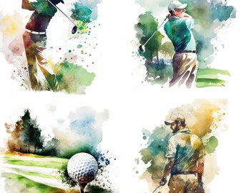 set of 4 Golf watercolor clipart, Golf sublimation, Pro shop Sports clipart, Golf  png, Golf party, Golf artwork, Golf art digital download
