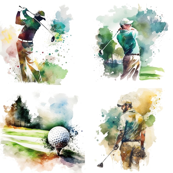 set of 4 Golf watercolor clipart, Golf sublimation, Pro shop Sports clipart, Golf  png, Golf party, Golf artwork, Golf art digital download