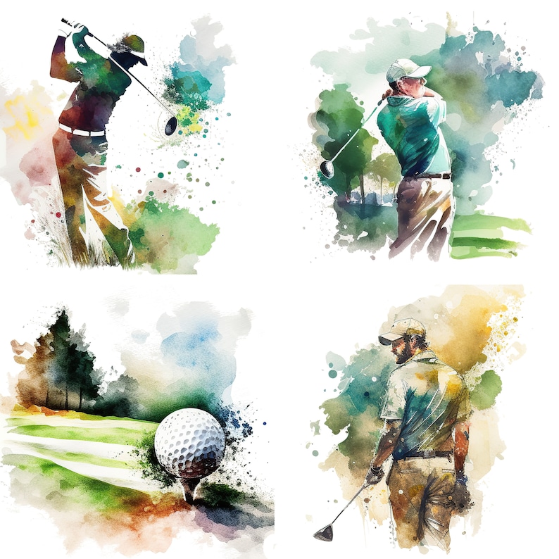 May include: A watercolor painting of four golfers in different poses on a golf course. The golfers are wearing casual clothing and are holding golf clubs. The painting is set against a background of green grass and trees.