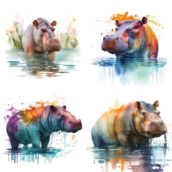 Watercolor Hippo Clipart Set of 4 - Commercial Use PNG Downloads for Stickers, Mugs and T-Shirts - Cute Hippopotamus Wildlife Digital Art V1