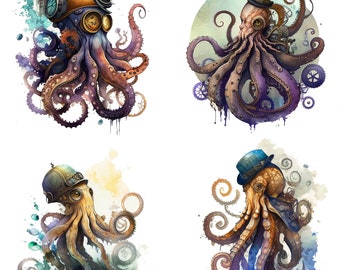 Set of 4 Watercolor Steampunk Octopus PNG clipart files Steam punk Sublimation Printable Fantasy Octopus Nautical files for scrapbooking v2