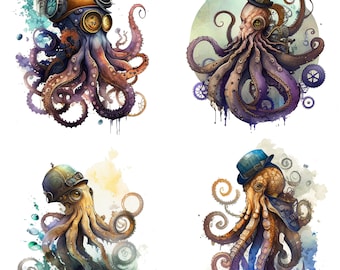 Set van 4 aquarel Steampunk Octopus PNG clipart bestanden Steam punk sublimatie afdrukbare Fantasy Octopus nautische bestanden voor scrapbooking v2