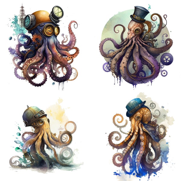 Ensemble de 4 aquarelle Steampunk Octopus PNG clipart fichiers Steam punk Sublimation Printable Fantasy Octopus Nautical fichiers pour scrapbooking v2