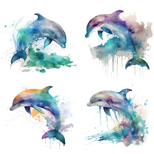 Watercolor Dolphin Digital Download, Clipart - Dolphin Sublimation Designs, and Wall Art in PNG Format Jumping dolphins beach life set 1
