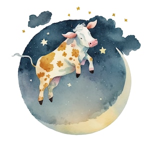 Watercolor Cow Jumping over the Moon Digital Download - Nursery Art Sublimation Set of 4 PNG Files DIY childrens decor Set 2