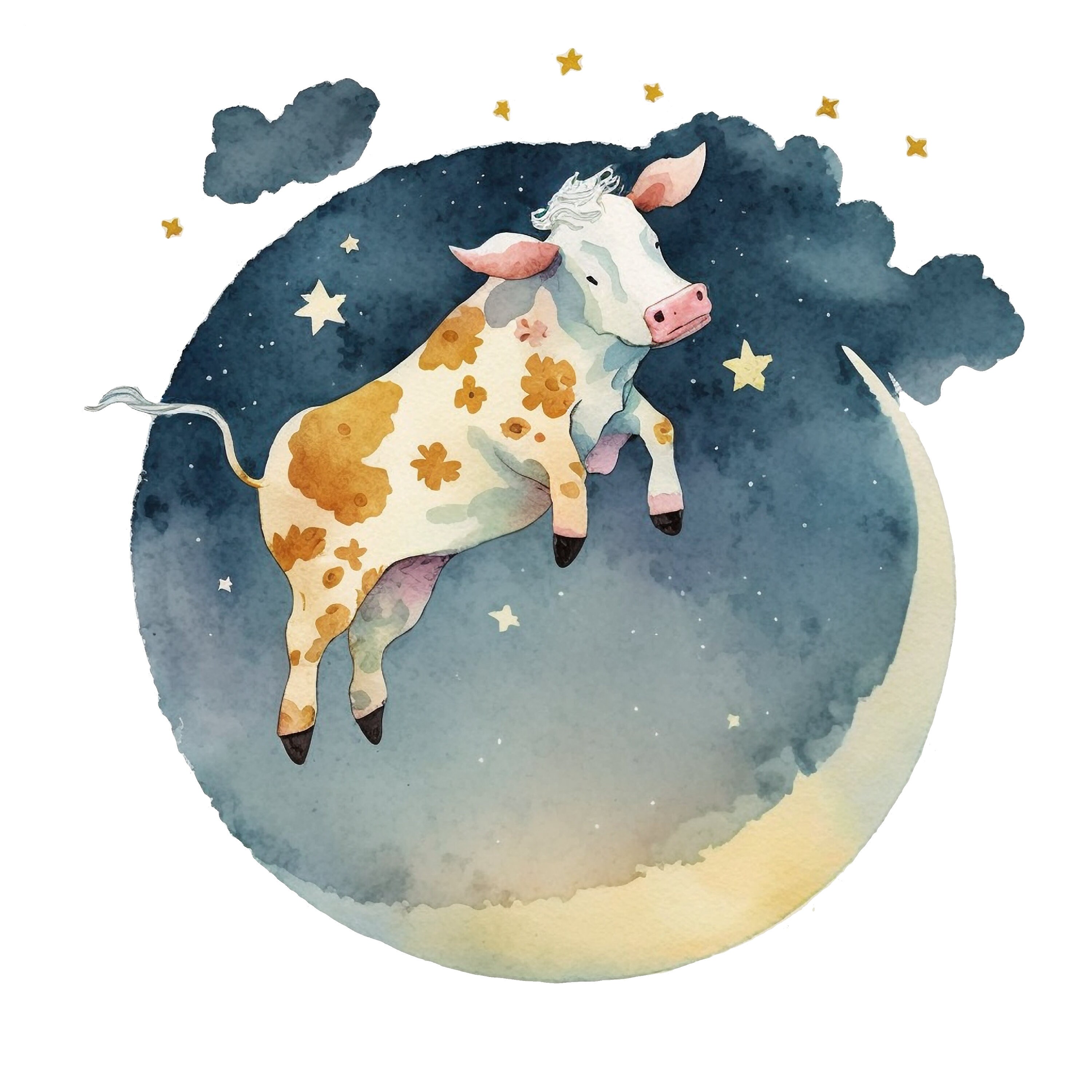 Watercolor Cow Jumping over the Moon Digital Download - Nursery Art Sublimation Set of 4 PNG Files DIY childrens decor Set 2