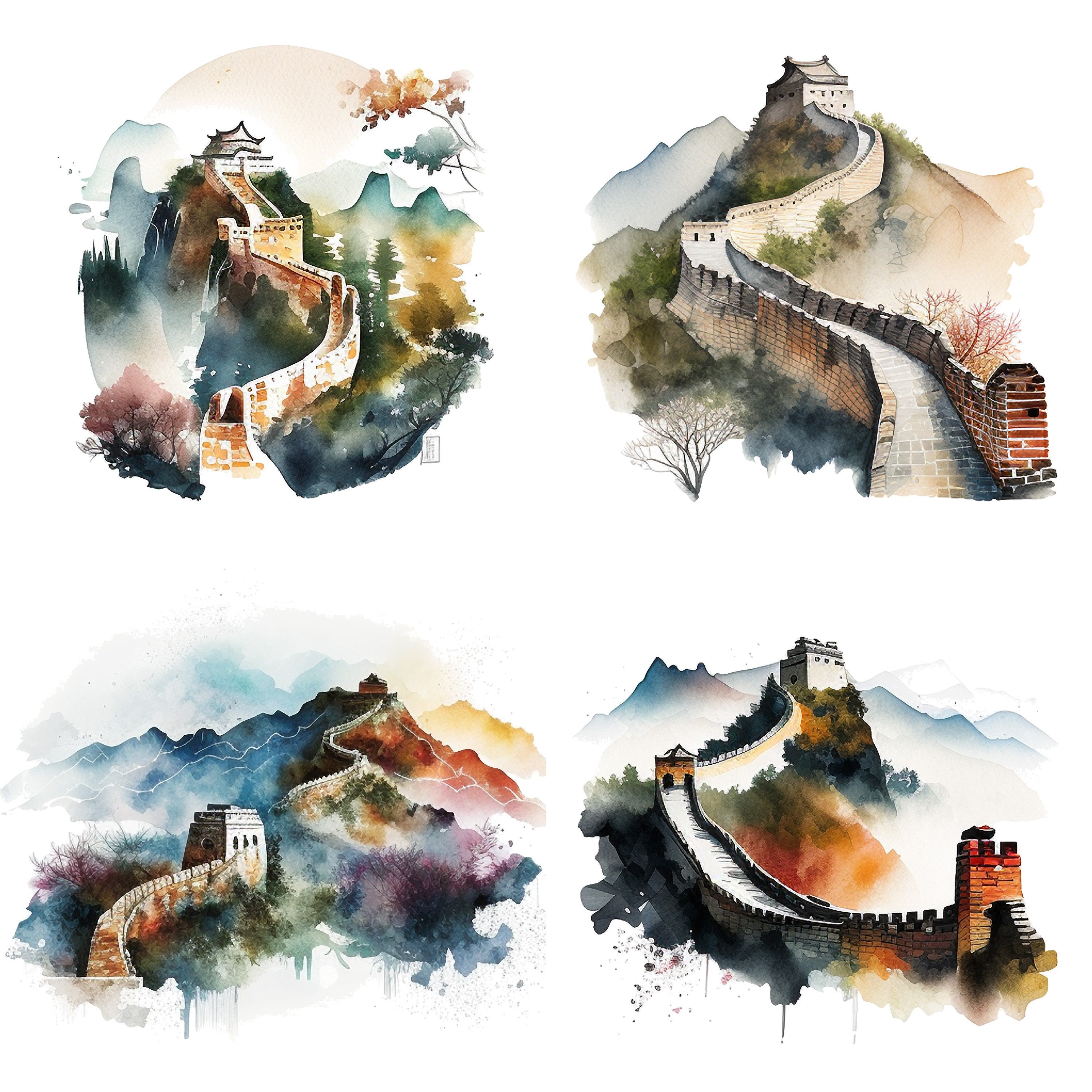 Set of 4 watercolor Great wall of China clipart PNG digital download files for sublimation wall art prints mugs, t-shirts and decor