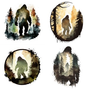 Set of 4 Bigfoot Watercolor Clipart PNG files, Digital Downloads for Sasquatch Wall Art, Sublimation, Bigfoot Prints, Yeti Hiking Shirts V4