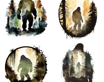Set of 4 Bigfoot Watercolor Clipart PNG files, Digital Downloads for Sasquatch Wall Art, Sublimation, Bigfoot Prints, Yeti Hiking Shirts V4
