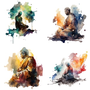 Meditation Watercolor Clipart Set of 4 Files for Digital Download PNG Decor, Stickers, Shirts, Prints, and POD Files - Mindfulness Clipart