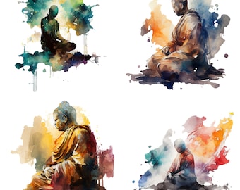 Meditation Aquarell Clipart Set mit 4 Dateien für digitalen Download PNG Dekor, Aufkleber, Shirts, Drucke und POD-Dateien - Mindfulness Clipart